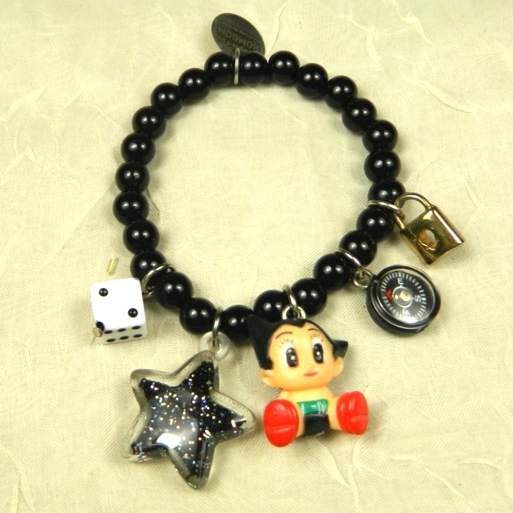 Vintage Bomgom Charm Bracelet Black Bead Dice Star Compass Astro Boy Kawaii Rare